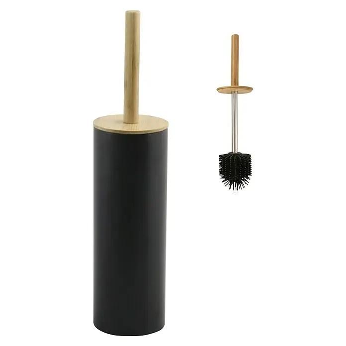 Spirella Escobillero de suelo Adonis - Acero, Negro - Escobilla de baño negra con mango de madera y un cepillo aparte con mango plateado y mango de madera.