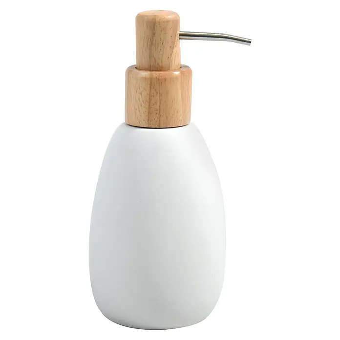 Spirella Sven Dispensador de jabón - L x An x Al: 82 x 82 x 18 cm, Plástico, Blanco - Un elegante dispensador de jabón con un recipiente de cerámica blanca y un cabezal de bomba de madera para el baño o la cocina.