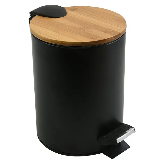 Spirella Cubo con pedal Adonis - 3 l, Plástico, Negro - Un elegante cubo de basura negro con pedal y tapa de madera clara, que combina funcionalidad y diseño moderno. Perfecto para cualquier baño.