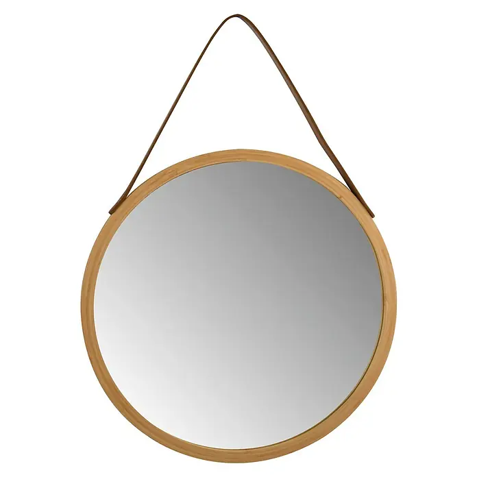 Spirella Espejo con marco Amanda - 39,6 x 55,5 cm, Diámetro: 39,6 cm, Marrón, Vidrio - Espejo de pared redondo con marco de madera y una correa de cuero para colgar. El espejo es un elemento decorativo para cualquier habitación.