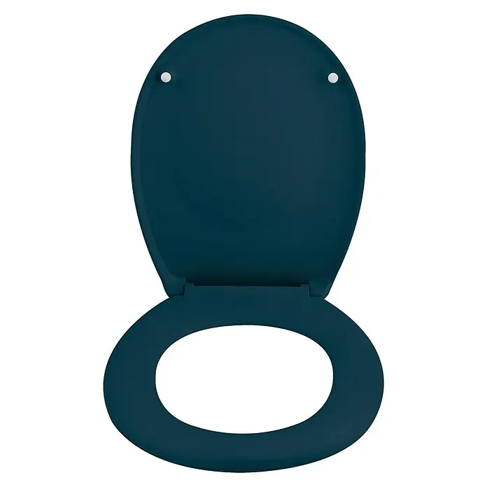 Spirella Tapa de WC Neela - Duroplast, Petrol, Con caída amortiguada - Un asiento de inodoro azul oscuro con forma ovalada y elementos de fijación, aislado sobre un fondo negro.