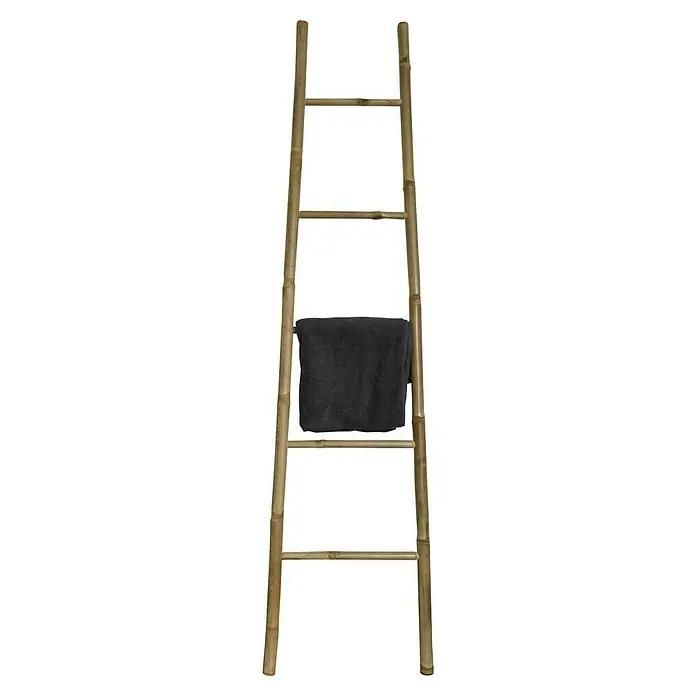 MSV Toallero de barra escalera de 5 niveles - Materiales naturales, Natural - Escalera de bambú con una toalla de color antracita. Ideal para baños, este objeto decorativo añade un toque natural y relajante.