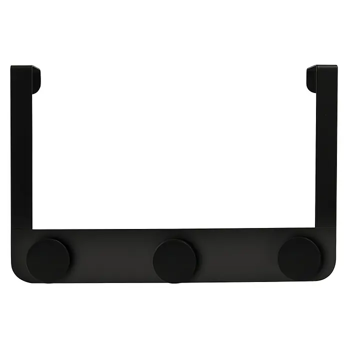 Spirella Colgador Ronda - Tre - Número de ganchos: 3 ud., Negro - Un primer plano de un perchero de puerta negro con tres pomos, que proporciona espacio de almacenamiento adicional y una fácil instalación.