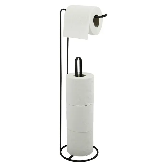 MSV Portarrollos papel higiénico Amy - L x An x Al: 15 x 15 x 54 cm, Acero, Negro - Este portarrollos de papel higiénico independiente en negro contiene un rollo y almacena tres rollos adicionales para una solución de baño práctica.