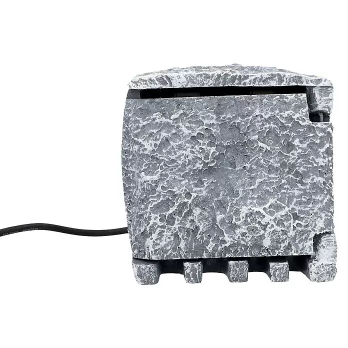 UniTEC Baustromverteiler Power Rock - Anzahl Steckdosen Schuko: 4 Stk., IP44 - Strukturiertes graues, steinähnliches Gerät mit einem horizontalen Schlitz oben, einem robusten Fuß und einem schwarzen Stromkabel.