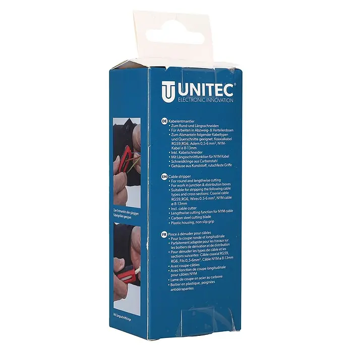 UniTEC Kabelentmanteler - Geeignet für Leitungsquerschnitt: 0,5 mm² - 6 mm² - Bild einer Unitec Kabelabisolierzange, ideal zum Abisolieren verschiedener Kabeltypen.