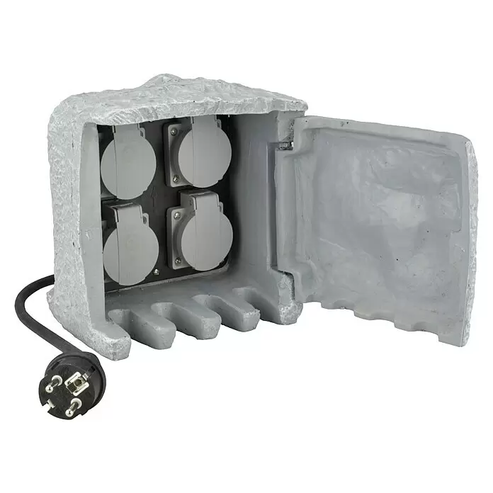 UniTEC Baustromverteiler Power Rock - Anzahl Steckdosen Schuko: 4 Stk., IP44 - Graue Outdoor-Steckdosenleiste in Steinoptik mit vier Steckdosen und angeschlossenem Stecker.
