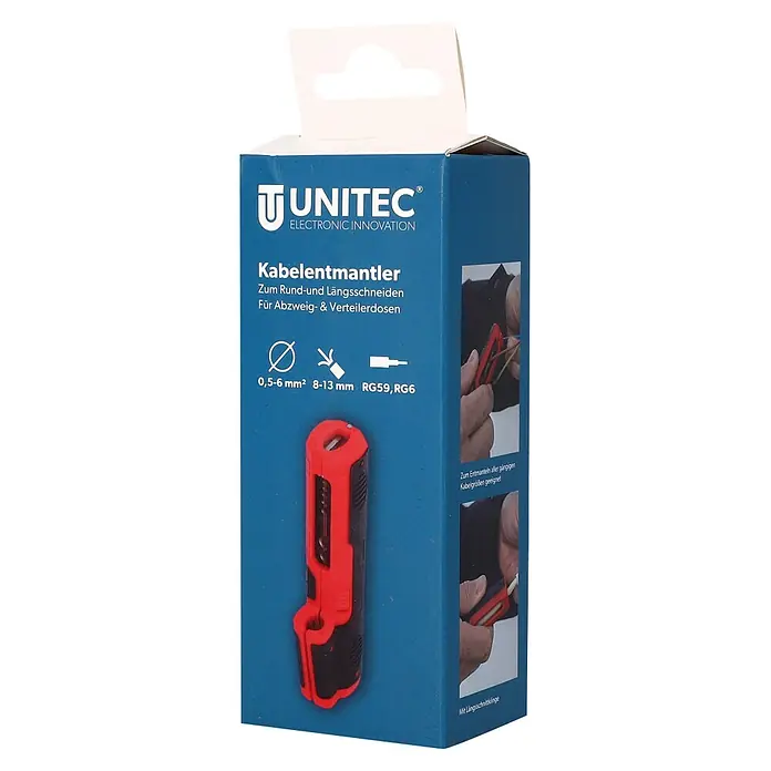 UniTEC Kabelentmanteler - Geeignet für Leitungsquerschnitt: 0,5 mm² - 6 mm² - Abbildung einer Unitec Kabelentmantler-Verpackung, die ein Werkzeug zum Abisolieren von Kabeln mit rundem und geradem Schnitt zeigt.
