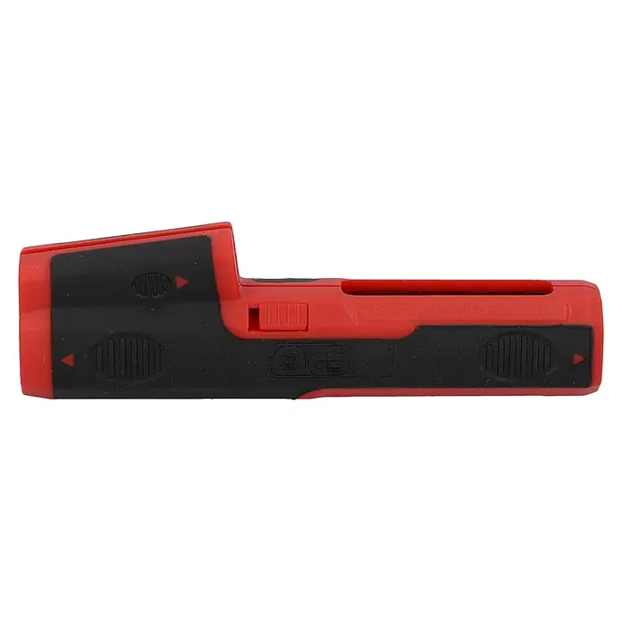 UniTEC Kabelentmanteler - Geeignet für Leitungsquerschnitt: 0,5 mm² - 6 mm² - Ein rot-schwarzer Laser-Entfernungsmesser mit Tasten, der sich ideal für präzise Messungen im Bauwesen und bei Renovierungsarbeiten eignet.