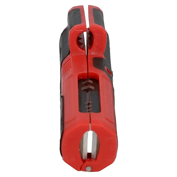 UniTEC Kabelentmanteler - Geeignet für Leitungsquerschnitt: 0,5 mm² - 6 mm² - Rote und schwarze Abisolierzange mit mehreren Kerben für verschiedene Kabelstärken. Das Werkzeug liegt auf einem schwarzen Hintergrund.