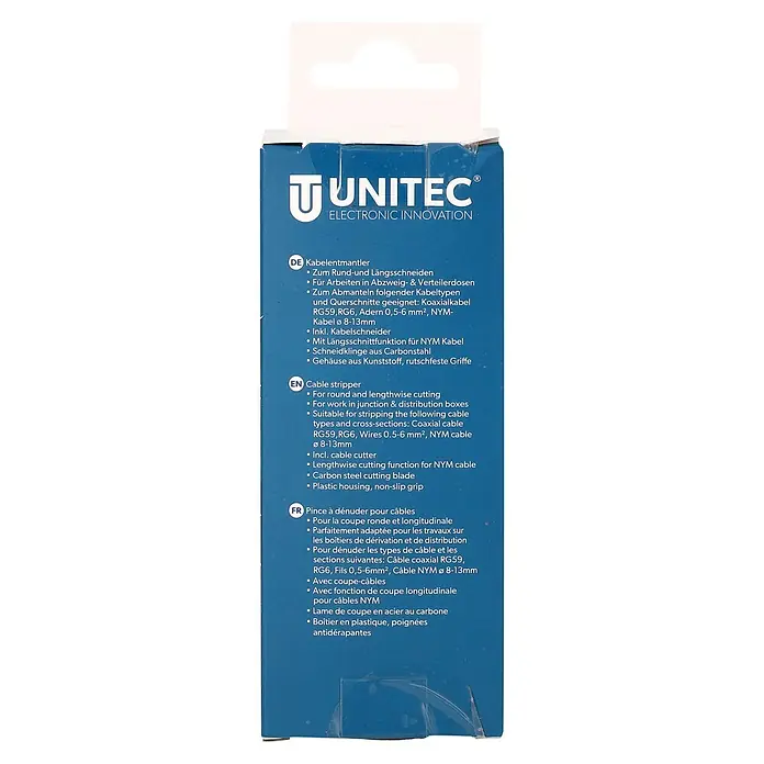 UniTEC Kabelentmanteler - Geeignet für Leitungsquerschnitt: 0,5 mm² - 6 mm² - Verpackung einer Unitec Kabelentmantler mit Funktionen zum Schneiden und Abisolieren verschiedener Kabeltypen.
