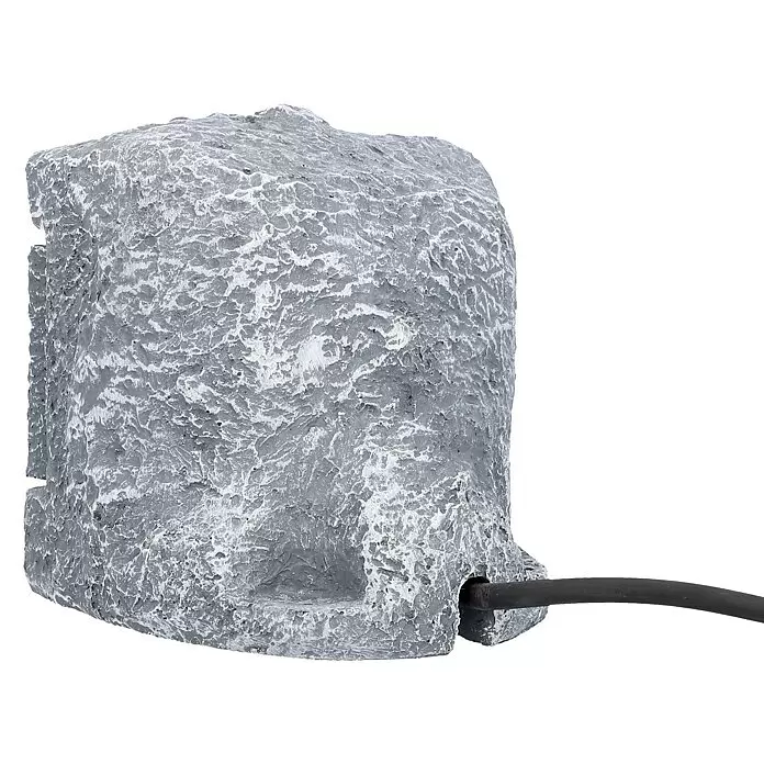 UniTEC Baustromverteiler Power Rock - Anzahl Steckdosen Schuko: 4 Stk., IP44 - Graues, felsenartiges Outdoor-Gehäuse mit strukturierter Oberfläche und einem schwarzen Kabel.