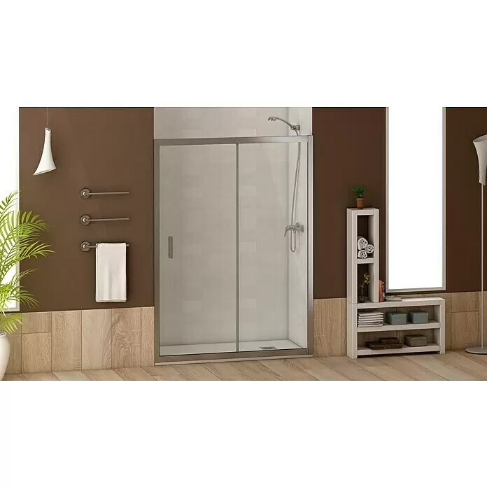 Mampara de ducha frontal Austin - 120 x 195 cm, Espesor de vidrio: 6 mm, Cromo, Vidrio transparente - Cabina de ducha con puertas correderas de cristal transparente y marco cromado en un baño moderno.
