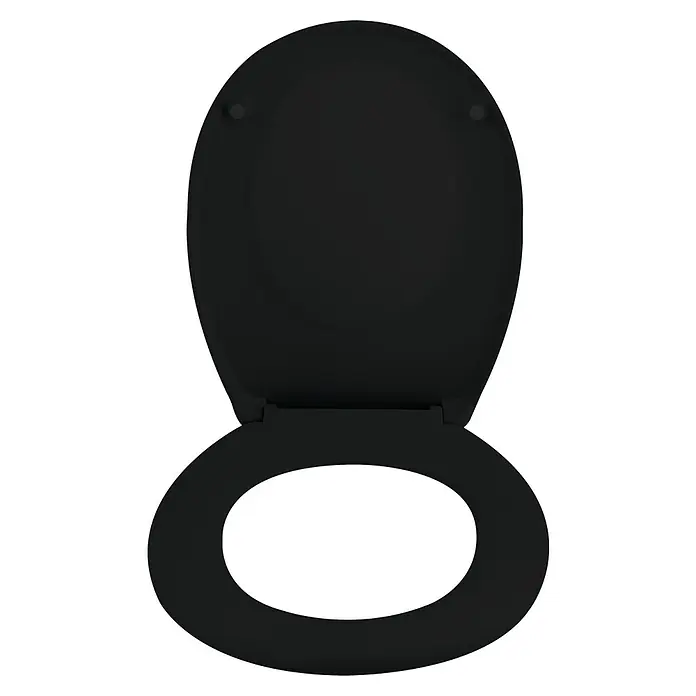 Spirella Tapa de WC Neela - Duroplast, Negro, Con caída amortiguada - Vista superior de un asiento de inodoro negro. El asiento ovalado y la tapa están cerrados, mostrando un diseño minimalista.