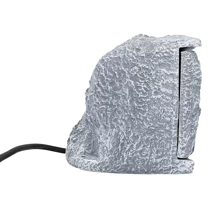 UniTEC Baustromverteiler Power Rock mit Zeitschaltuhr - Anzahl Steckdosen Schuko: 2 Stk., IP44 - Grauer, texturierter, felsförmiger Außenlautsprecher mit sichtbarem schwarzem Kabel.