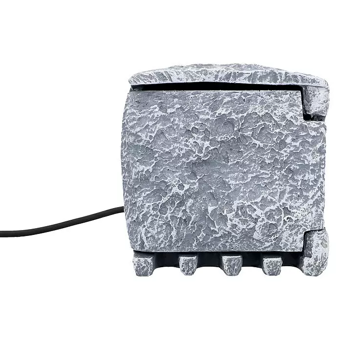 UniTEC Baustromverteiler Power Rock mit Zeitschaltuhr - Anzahl Steckdosen Schuko: 2 Stk., IP44 - Graues, steinartiges rechteckiges Gerät mit einem oberen Schlitz und einem schwarzen Kabel.