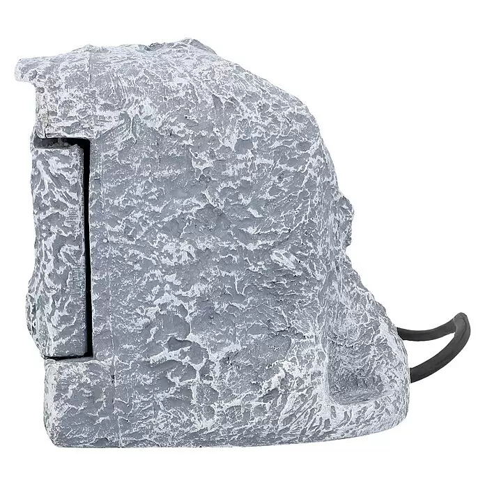 UniTEC Baustromverteiler Power Rock mit Zeitschaltuhr - Anzahl Steckdosen Schuko: 2 Stk., IP44 - Grau, steinähnlicher Outdoor-Lautsprecher mit rauer, texturierter Oberfläche und einem schwarzen Kabel an der Seite.