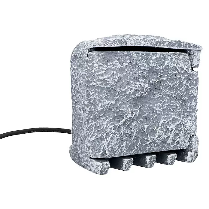 UniTEC Baustromverteiler Power Rock mit Zeitschaltuhr - Anzahl Steckdosen Schuko: 2 Stk., IP44 - Grau, felsförmiger Außenlautsprecher oder Licht mit rauer Textur und Stromkabel.