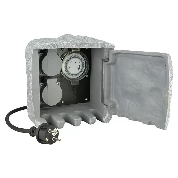 UniTEC Baustromverteiler Power Rock mit Zeitschaltuhr - Anzahl Steckdosen Schuko: 2 Stk., IP44 - Grauer Steinguss-Gartensteckdosenkasten mit zwei Steckdosen, integrierter Zeitschaltuhr und Anschlussstecker.