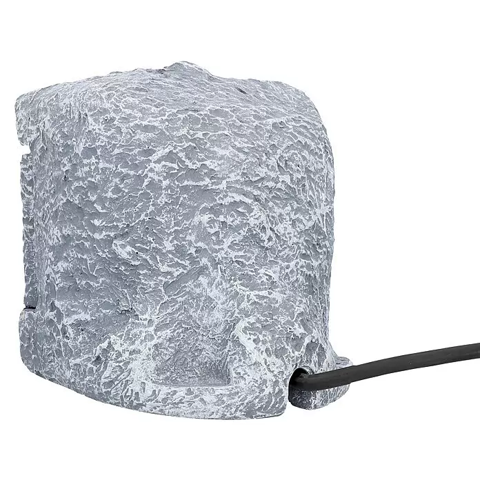 UniTEC Baustromverteiler Power Rock mit Zeitschaltuhr - Anzahl Steckdosen Schuko: 2 Stk., IP44 - Grauer, felsförmiger Außenlautsprecher mit strukturierter Oberfläche und schwarzem Kabel, das aus der Basis kommt.
