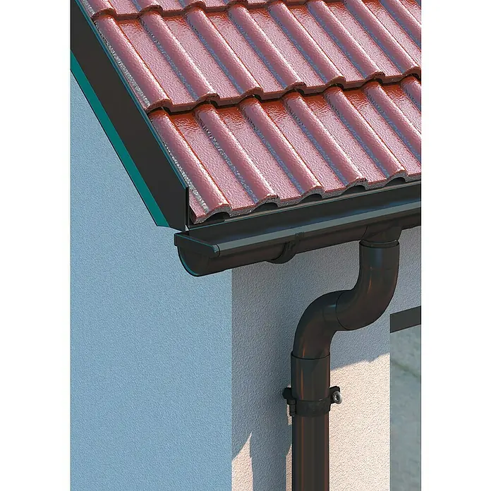 Sarei Rinnenstutzen - 80/60 mm, Aluminium, Anthrazit, Rund - Dachrinnen-System aus Kunststoff mit Fallrohr in dunkler Farbe, das an einem Dach mit roten Ziegeln befestigt ist.