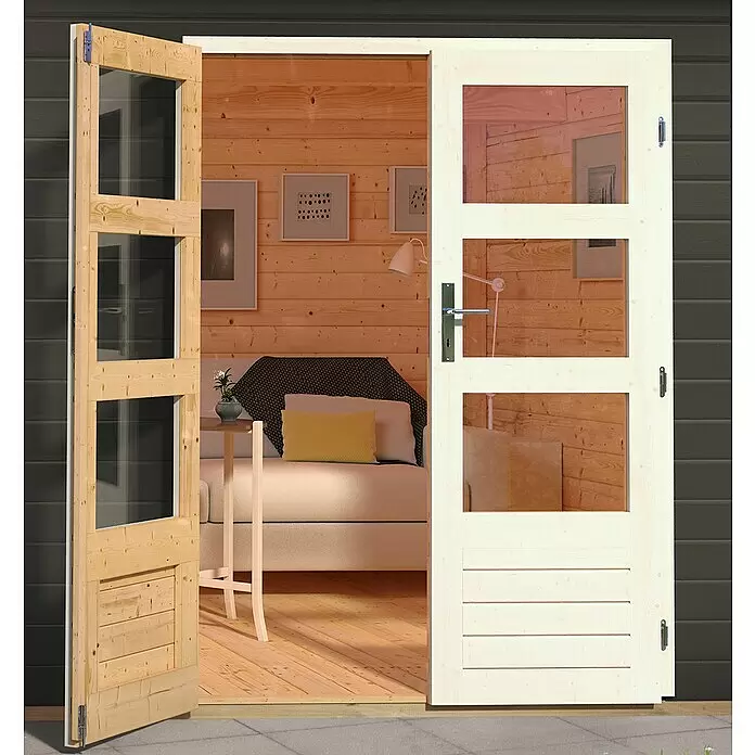 Karibu Gartenhaus Talkau 4 - Außenmaß inkl. Dachüberstand (B x T): 270 x 274 cm, Holz, Grau - Helle Holztüren mit Glaspaneelen, offen zu einem gemütlichen Innenraum mit Holzwänden und Möbeln.