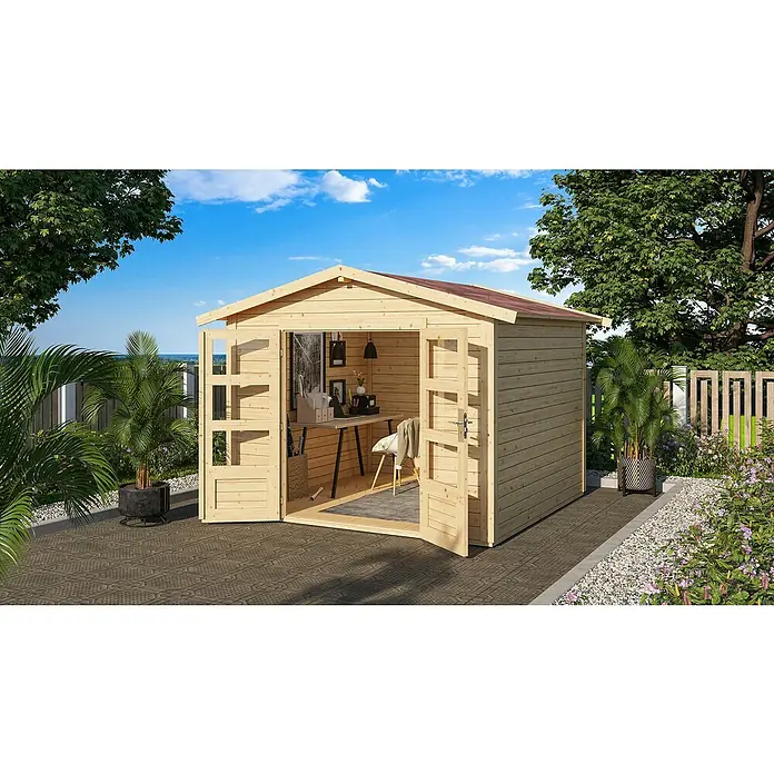 Karibu Gartenhaus Talkau 6 - Außenmaß inkl. Dachüberstand (B x T): 300 x 304 cm, Holz, Natur - Holzgartenhaus mit geöffneten Türen, eingerichtet als Homeoffice mit Schreibtisch und Bürostuhl, umgeben von Grünpflanzen.