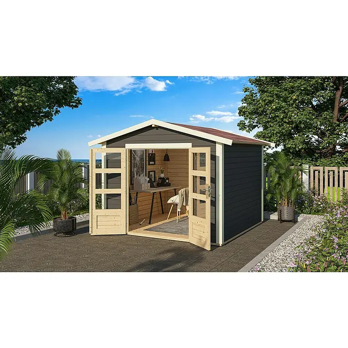 Karibu Gartenhaus Talkau 6 - Außenmaß inkl. Dachüberstand (B x T): 300 x 304 cm, Holz, Grau - Das moderne Gartenbüro bietet einen ruhigen Arbeitsplatz im Freien, mit viel Tageslicht durch die Doppeltüren und einer stilvollen Gestaltung.