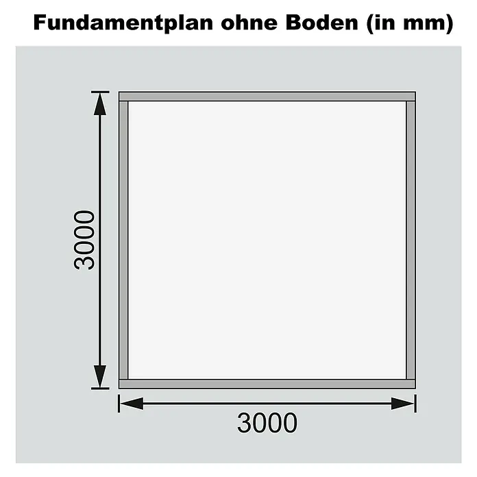 Karibu Gartenhaus Talkau 8 - Außenmaß inkl. Dachüberstand (B x T): 330 x 330 cm, Holz, Natur - Fundamentplan ohne Boden mit Abmessungen 3000 x 3000 mm. Das Bild zeigt ein quadratisches Fundament mit Maßangaben in Millimetern.