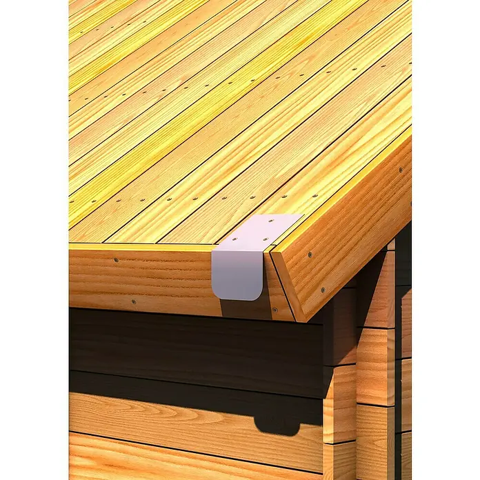 Sarei Rinnenträgerschraube - Durchmesser: 6 mm, Länge: 30 mm, Stahl, Verzinkt - Nahaufnahme eines Holzdachvorsprungs mit Regenrinnenhalterung. Die Holzkonstruktion und die Details der Metallhalterung sind gut sichtbar.