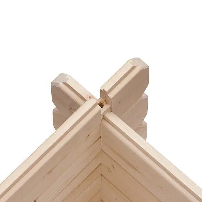 Karibu Gartenhaus Bastrup 7 - Außenmaß inkl. Dachüberstand (B x T): 674,5 x 333 cm, Holz, Natur, Mit Anbaudach, Seiten- und Rückwand - Nahaufnahme einer Ecke eines Blockhauses, die die Holzverbindungen und die Konstruktion des Blockhauses zeigt.