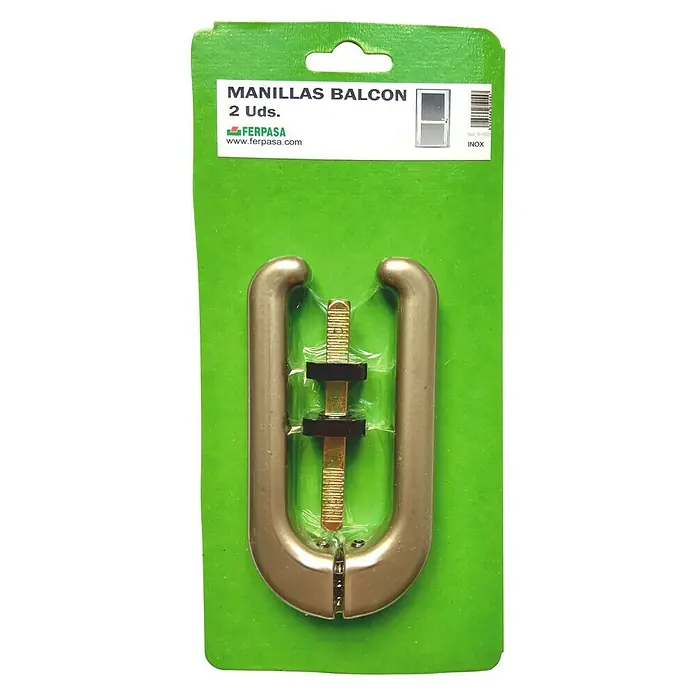 Manilla para ventana - Acero inoxidable - Primer plano de un juego de manillas para puerta de balcón en forma de U de FERPASA sobre un paquete verde, ideal para puertas de balcón.