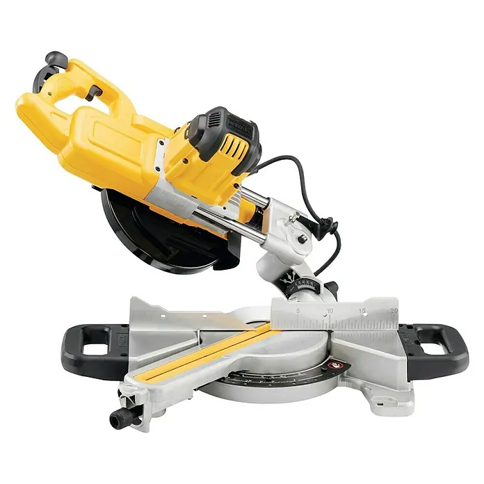 DeWalt Paneelsäge DWS773-QS - 1.300 W, Durchmesser Sägeblatt: 216 mm - Bild einer DeWalt-Kapp- und Gehrungssäge, ein Werkzeug zum präzisen Schneiden von Holz und anderen Materialien.