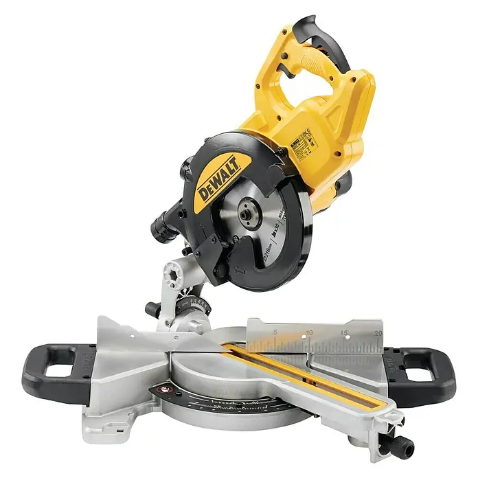 DeWalt Paneelsäge DWS773-QS - 1.300 W, Durchmesser Sägeblatt: 216 mm - Abbildung einer DeWalt Kapp- und Gehrungssäge, ideal für präzise Schnitte in Holz und anderen Materialien.