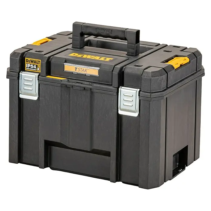 DeWalt Werkzeugkasten TSTAK BOX IV - L x B x H: 333 x 440 x 302 mm, Kunststoff, Abschließbar - Nahaufnahme einer schwarzen Dewalt TSTAK Werkzeugkiste mit gelben Akzenten, die Robustheit und Organisation verspricht.