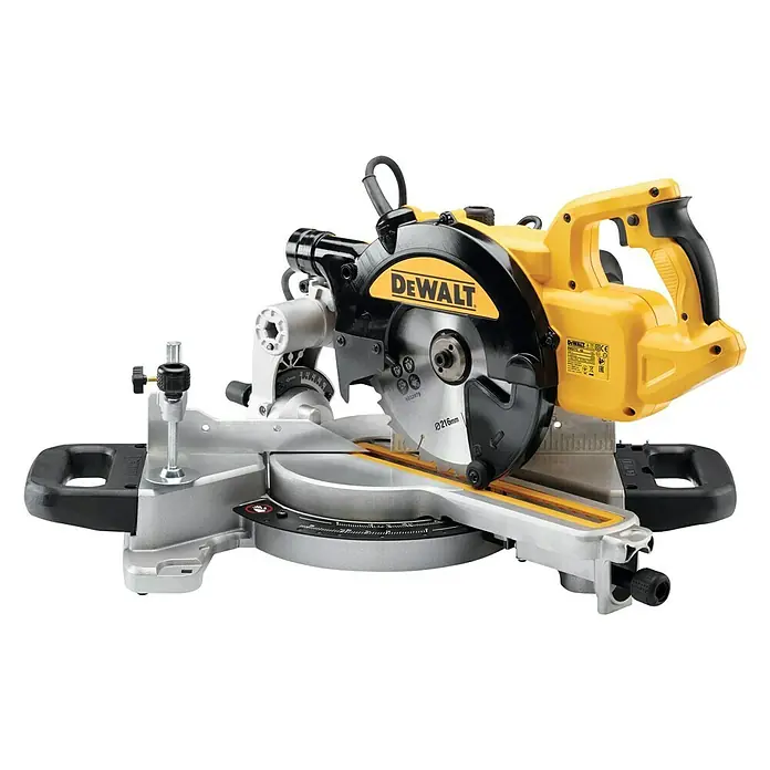 DeWalt Paneelsäge DWS773-QS - 1.300 W, Durchmesser Sägeblatt: 216 mm - Eine DeWalt Kappsäge mit einem gelb-schwarzen Design, ideal für präzise Holzschnitte in Werkstätten.