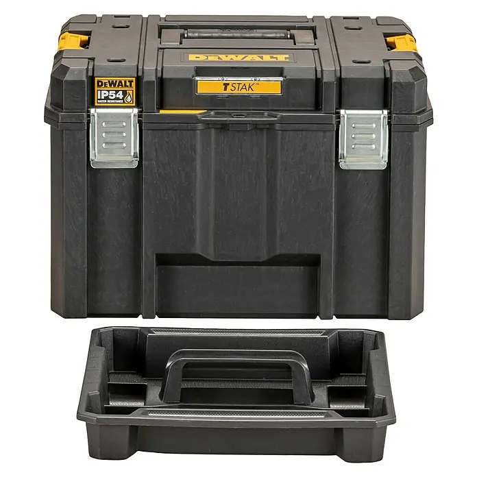 DeWalt Werkzeugkasten TSTAK BOX IV - L x B x H: 333 x 440 x 302 mm, Kunststoff, Abschließbar - Schwarzer DeWalt TSTAK Werkzeugkoffer mit herausnehmbarem Einsatz, ideal für die Organisation und den Transport von Werkzeugen.
