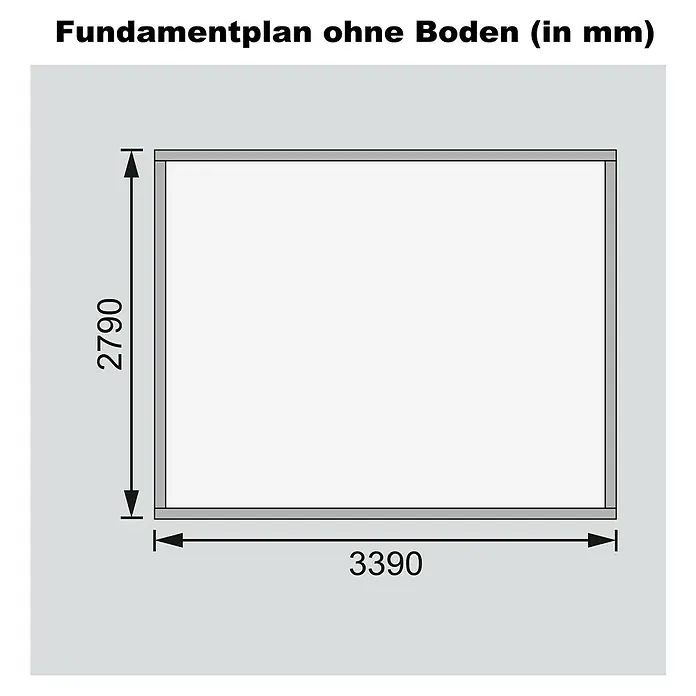 Karibu Gartenhaus Bastrup 7 - Außenmaß inkl. Dachüberstand (B x T): 375 x 333 cm, Holz, Natur - Fundamentplan ohne Boden (in mm) mit Abmessungen 3390 mm x 2790 mm, ideal für Gartenhaus oder ähnliche Strukturen.