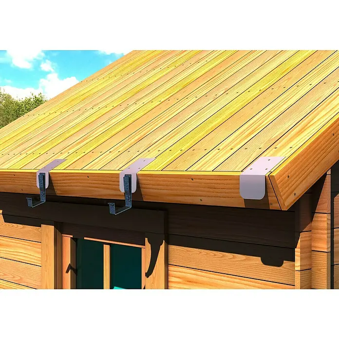 Sarei Kastenrinnenhalter Spezial - Nennweite: 70 mm, Anthrazit, Stahl - Dachrinnenhalterungen an einem Holzhaus befestigt, die Funktionalität und rustikale Ästhetik verbinden.