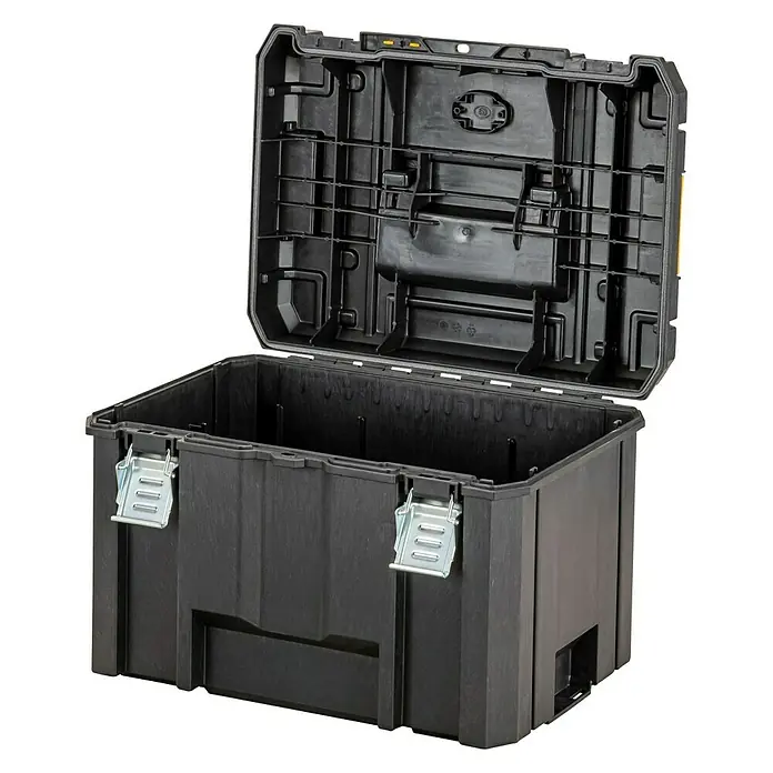 DeWalt Werkzeugkasten TSTAK BOX IV - L x B x H: 333 x 440 x 302 mm, Kunststoff, Abschließbar - Ein offener, schwarzer Werkzeugkasten, der die robuste Bauweise und den geräumigen Innenraum dieses Werkzeugkastens hervorhebt.