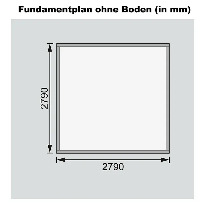 Karibu Gartenhaus Bastrup 5 - Außenmaß inkl. Dachüberstand (B x T): 315 x 333 cm, Holz, Natur - Grundriss ohne Boden mit Maßen 2790 x 2790 mm. Detailansicht des Fundaments für ein Gartenhaus oder ähnliches Bauwerk.