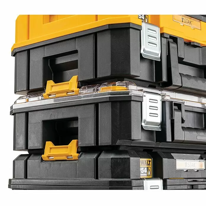 DeWalt Werkzeugkasten TSTAK II - L x B x H: 333 x 440 x 162 mm, Kunststoff - Gestapelte schwarze und gelbe modulare Werkzeugkisten mit Metallverschlüssen und gelben Griffen, mit durchsichtigen Deckelfächern.