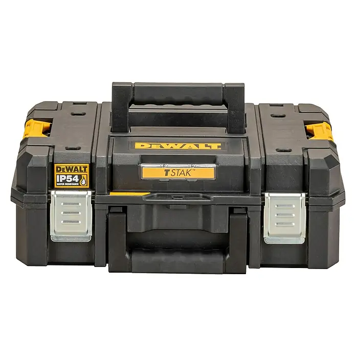 DeWalt Werkzeugkasten TSTAK II - L x B x H: 333 x 440 x 162 mm, Kunststoff - Eine schwarze DeWalt TSTAK Werkzeugkiste mit gelben Akzenten, robust und wasserresistent für den professionellen Einsatz.