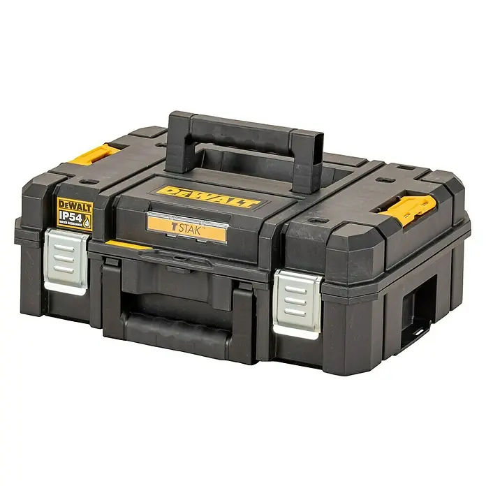 DeWalt Werkzeugkasten TSTAK II - L x B x H: 333 x 440 x 162 mm, Kunststoff - Eine schwarze DeWalt TStak Werkzeugkiste, robust und wasserabweisend, ideal für die Aufbewahrung und den Transport von Werkzeugen.