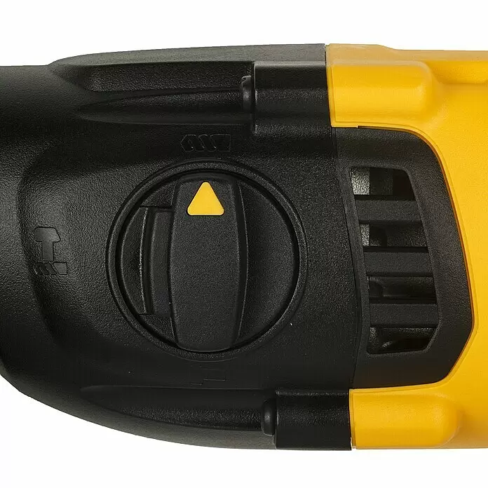 DeWalt XR 18V Akku-Kombihammer DCH133N-XJ - 18 V, Ohne Akku, 2,6 J - Nahaufnahme des schwarzen und gelben Moduswählschalters eines Bohrhammers mit gelber Anzeige und Bohrsymbolen.
