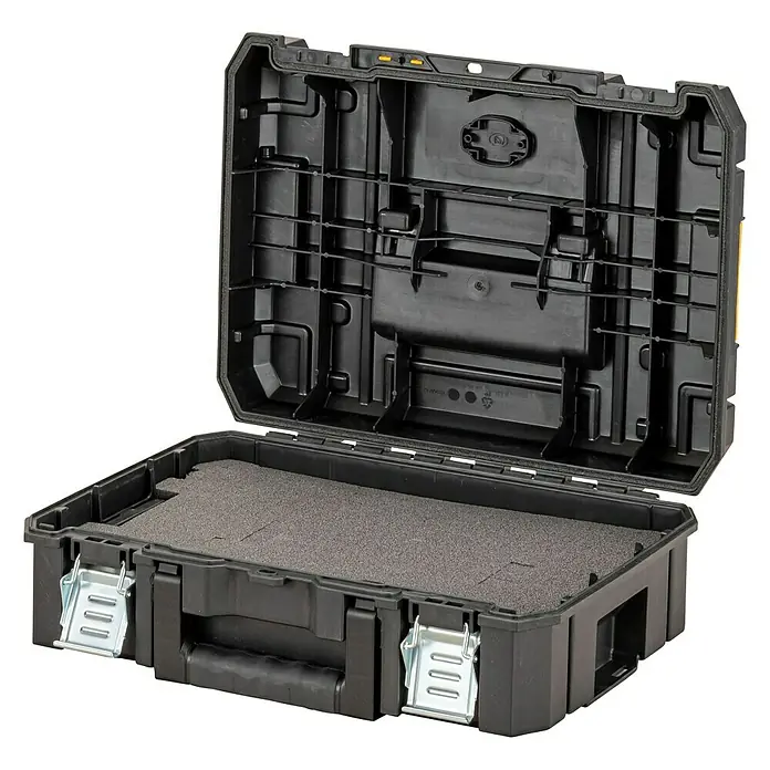 DeWalt Werkzeugkasten TSTAK II - L x B x H: 333 x 440 x 162 mm, Kunststoff - Eine offene, schwarze Werkzeugkiste mit Metallschnallen und Schaumstoffeinlage. Die Box bietet viel Stauraum und ist ideal für den Transport.