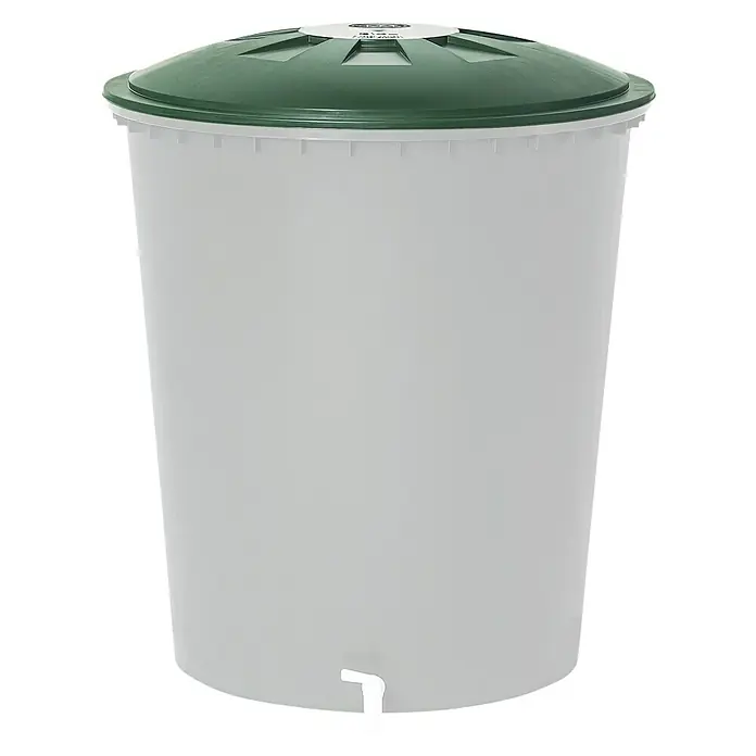 Garantia Basic Line Deckel - Passend für: 510 l Regentonnen Rund, Kunststoff - Graue Regentonne mit grünen Deckel und weißen Wasserhahn für die Gartenbewässerung oder Regenwassersammlung.
