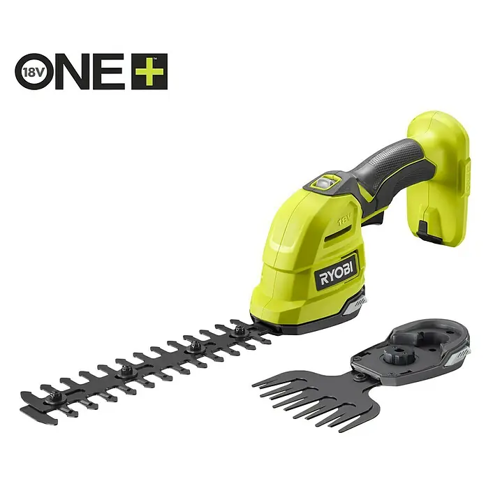 Ryobi ONE+ Akku-Gras- & Strauchschere RY18GSA-0 - 18 V, Li-Ionen, Ohne Akku, Schwertbreite: 12 cm - Ryobi ONE+ 18V Akku-Strauch- und Grasschere mit verschiedenen Aufsätzen für präzise Gartenarbeit.