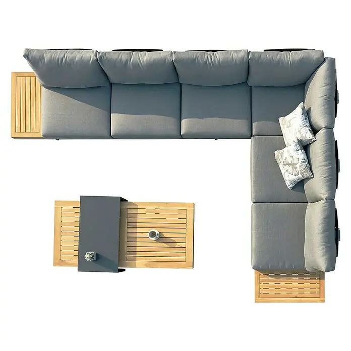 Conjunto de muebles Molise - 4 pzs., Madera de acacia/Aluminio, Antracita - Toma de ángulo alto de un juego de patio modular gris con mesa de madera.