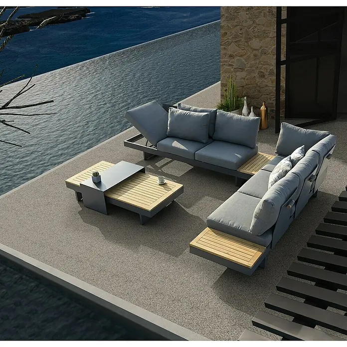 Conjunto de muebles Molise - 4 pzs., Madera de acacia/Aluminio, Antracita - Elegante conjunto de salón para exterior con cojines grises y detalles de madera, perfecto para relajarse al aire libre.